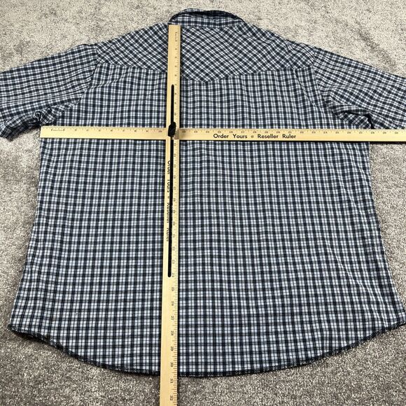 Rustler Western Shirt Mens XXL Pearl Snap X Long Tails Plaid Blue Black - Picture 8 of 10